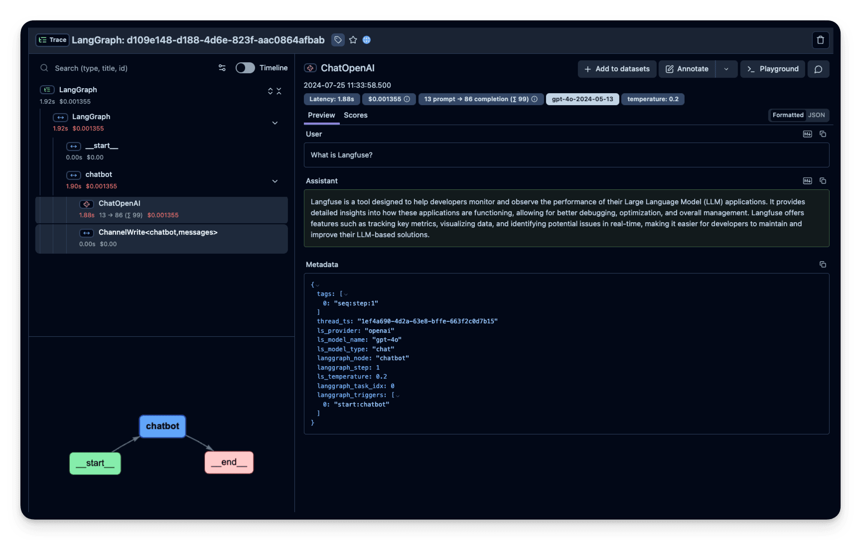 Trace view of chat app in Langfuse